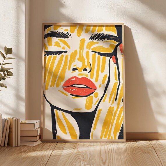 Abstract Woman Portrait Red Lips Gold Brushstrokes Modern Print