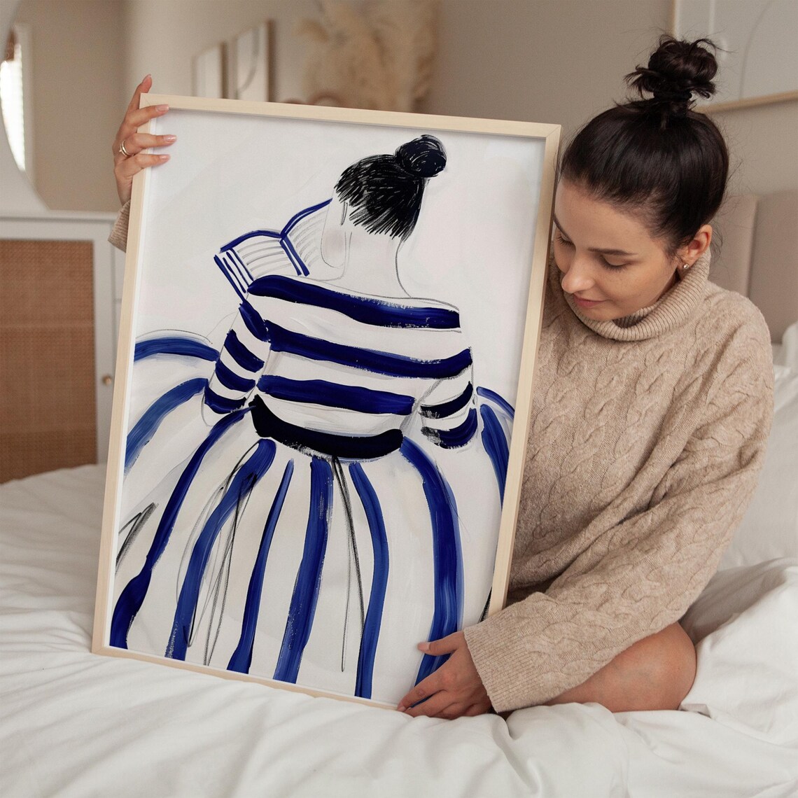 Woman Reading in Blue Striped Dress Back View Fashion Art Poster - Image 5