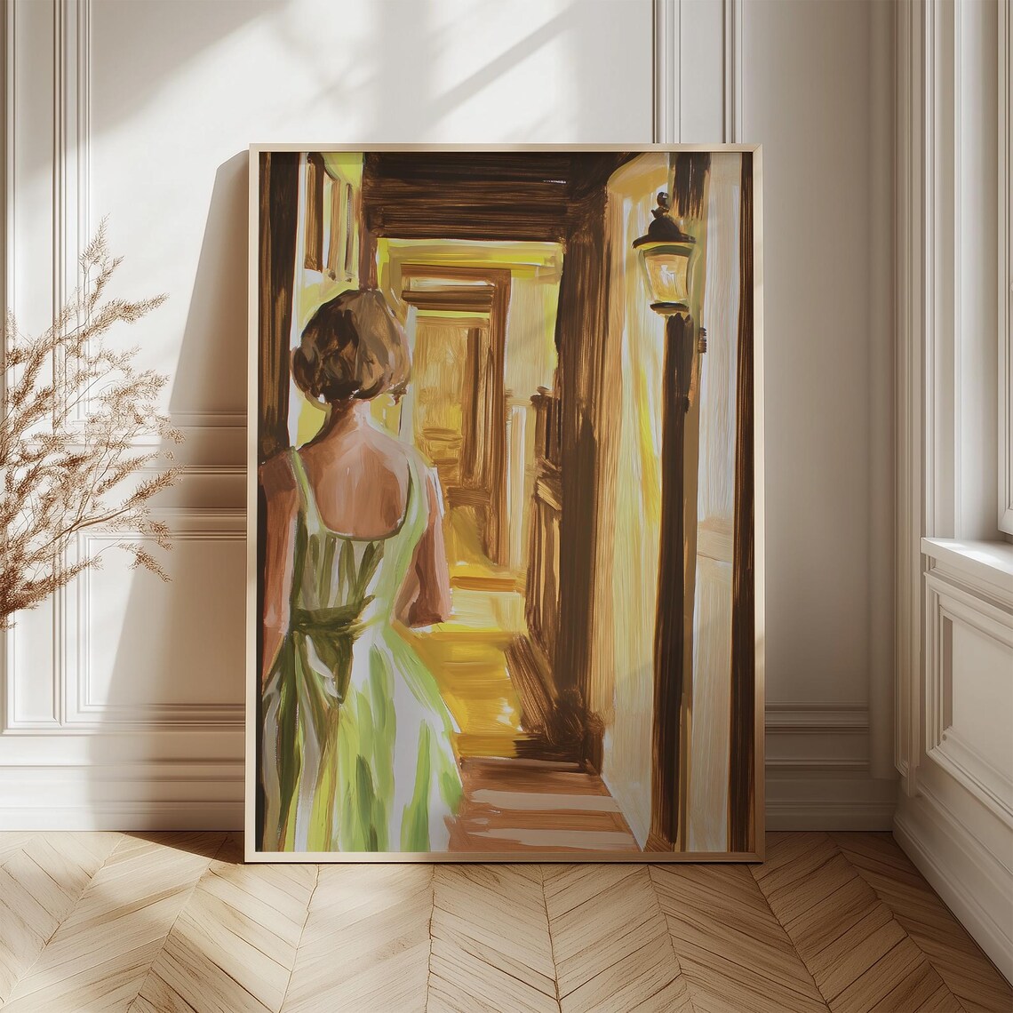 Woman Walking Through a Lamp-Lit Hallway Warm Vintage Style Poster - Image 2