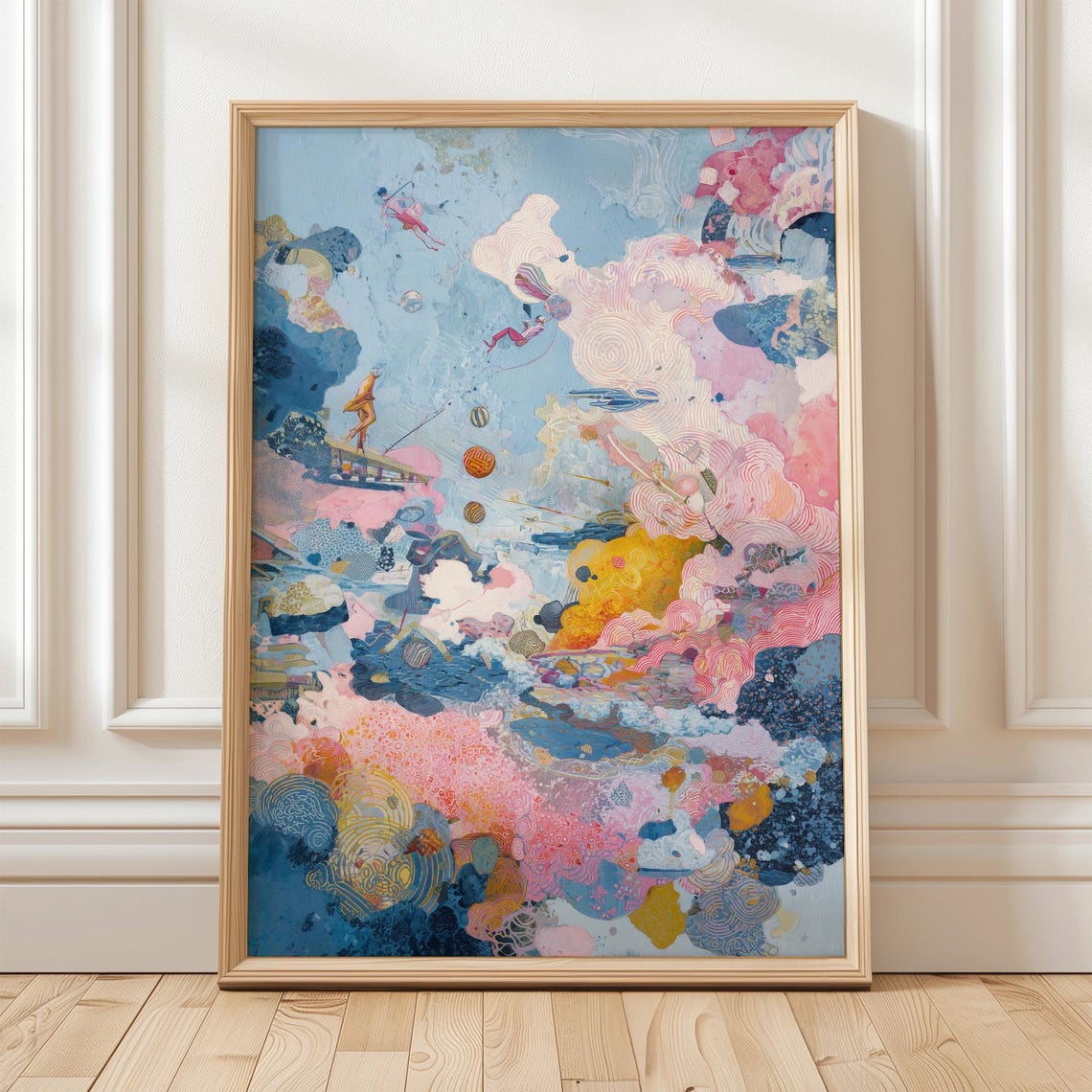 Surreal Floating Figures Pink Blue Dreamscape Abstract Art Poster