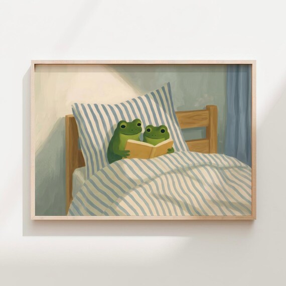 Frogs Reading Book In Bed Cozy Kids Room Cottagecore Bookish Art Poster