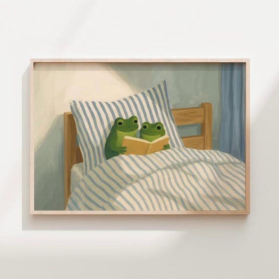 Frogs Reading Book In Bed Print Cozy Frog Kids Room Poster Art Cottagecore Bookish Decor Whimsical Nursery Printable Digital Download