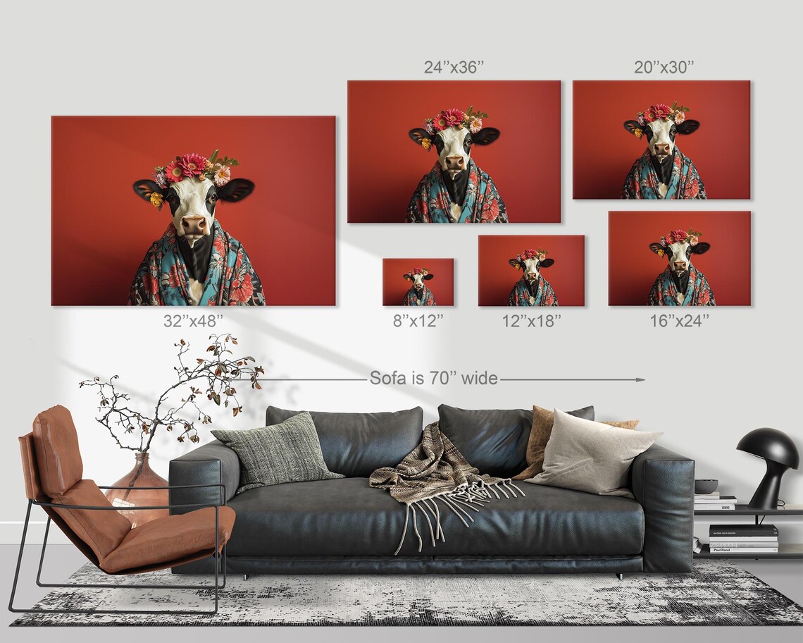 Black White Cow Teal Floral Kimono Flower Crown Animal Poster - Image 3