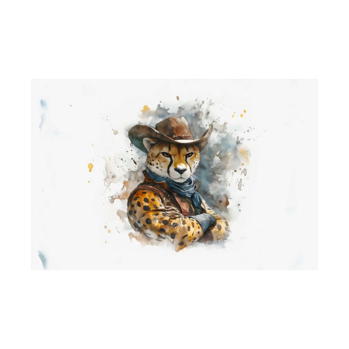 Cheetah Cowboy Watercolor Arms Crossed Blue Scarf Western Portrait Poster - Image 2