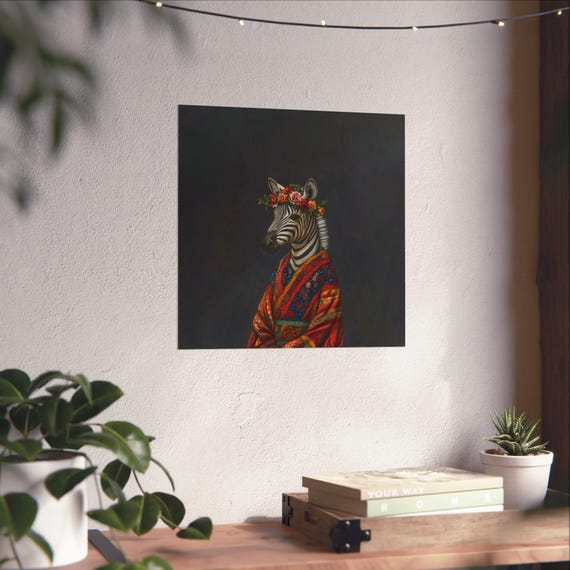 Maximalist Eclectic Zebra Fashionista Poster Print Bold Altered Animal Portrait Fantasy Fun Colorful Flowery Rustic Vintage Floral Art