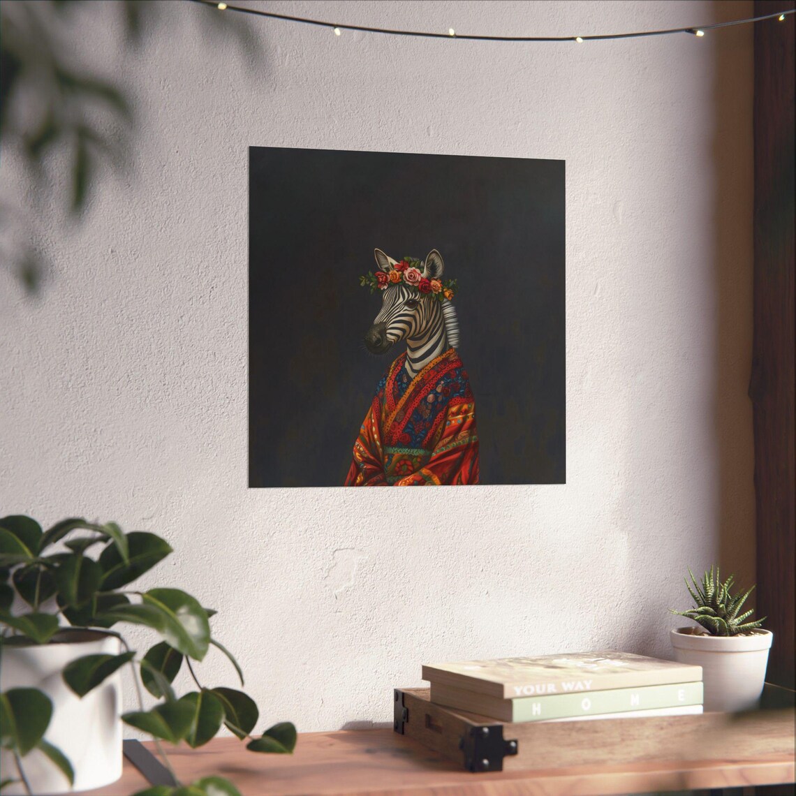 Bohemian Zebra Portrait Wearing Floral Crown Colorful Statement Art Poster
