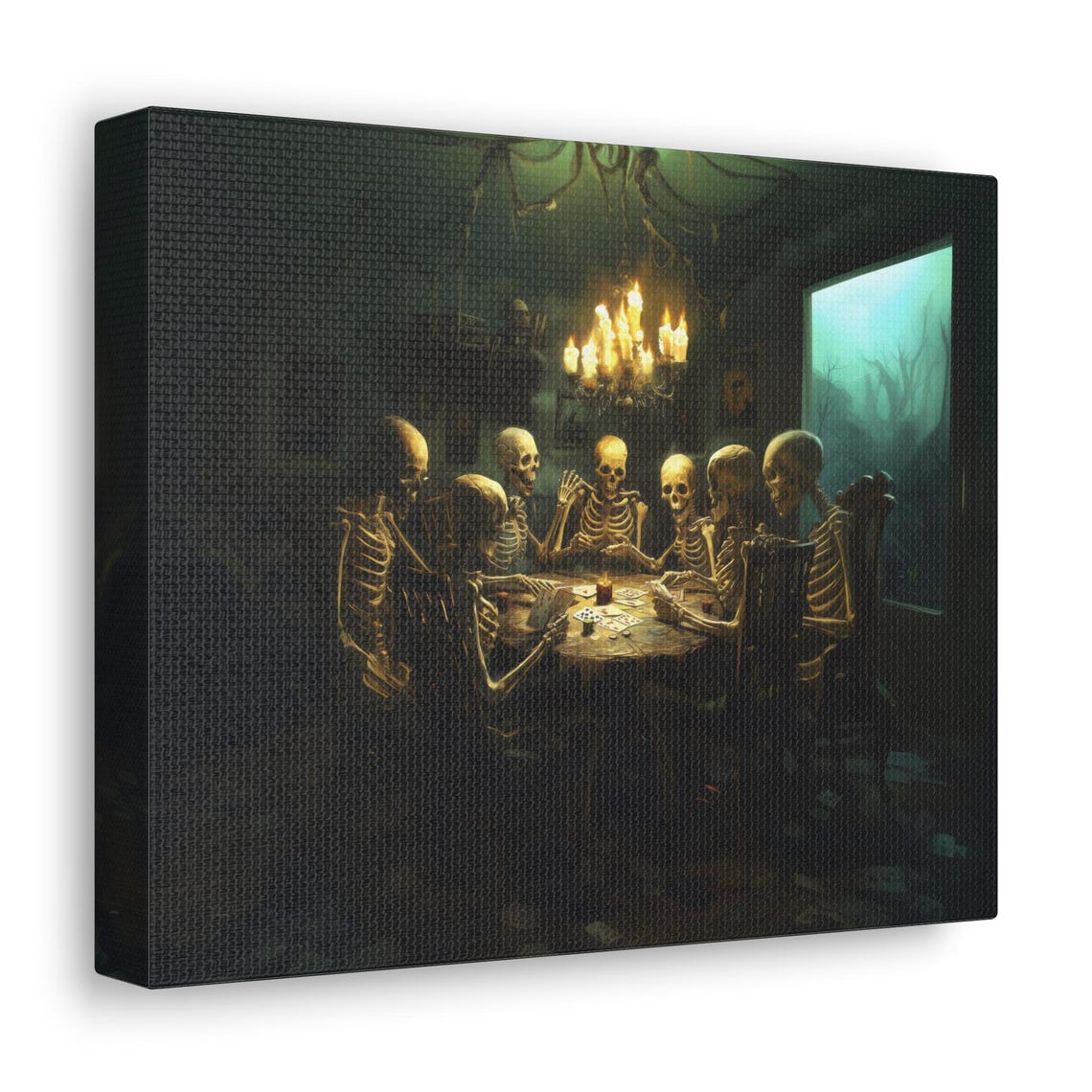 Six Skeletons Playing Poker in Candlelit Gothic Halloween Poster - Image 3