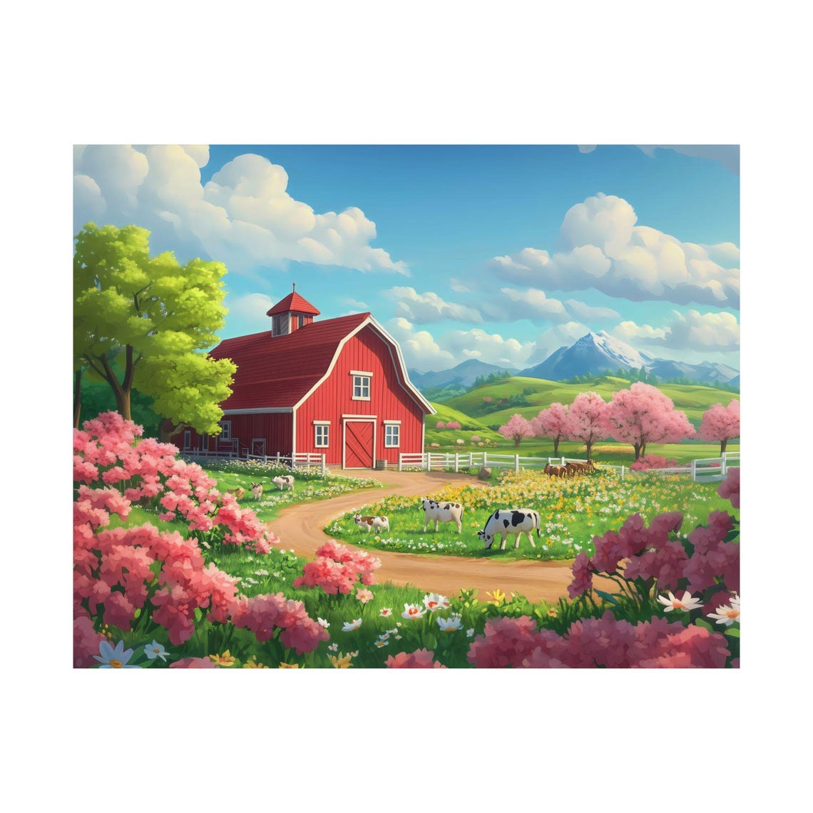 Red Barn Spring Farm Cows Blossom Mountain Countryside Poster - Image 3