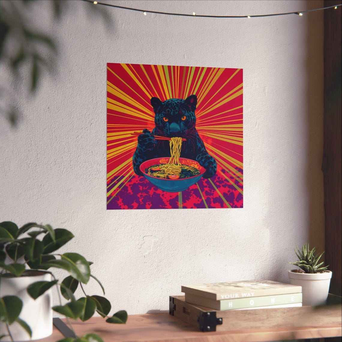 Black Panther Eating Ramen Against a Red Sunburst Pop Poster