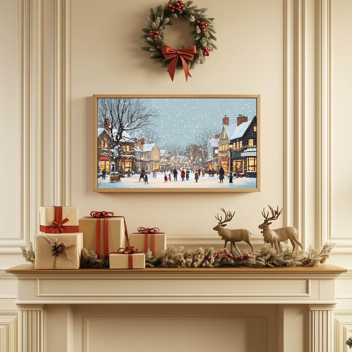 Snowy Small Town Christmas Street Shoppers Falling Snow Vintage Poster - Image 2