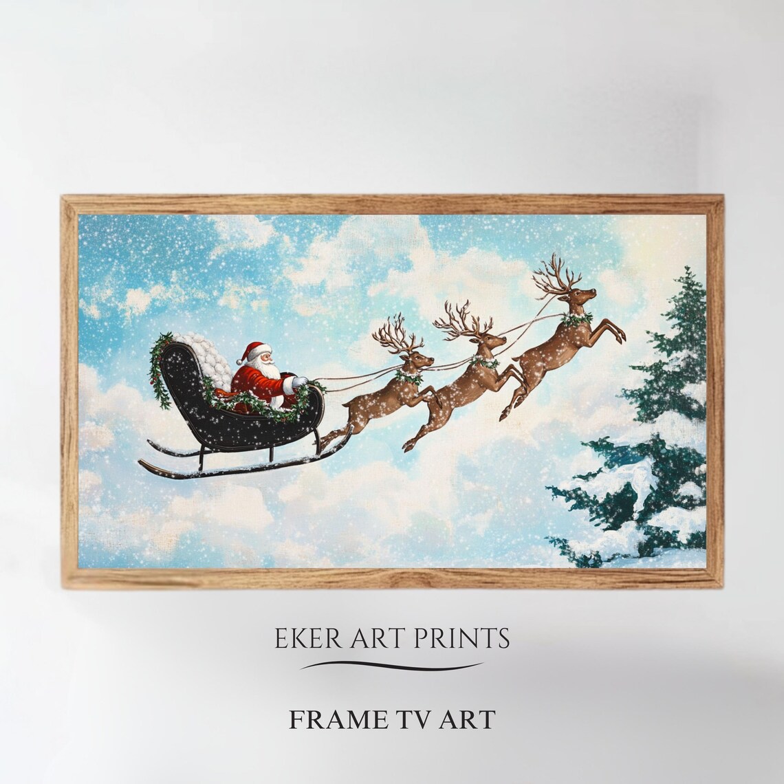 Santa Sleigh Flying Reindeer Snowy Sky Vintage Christmas TV Art Print