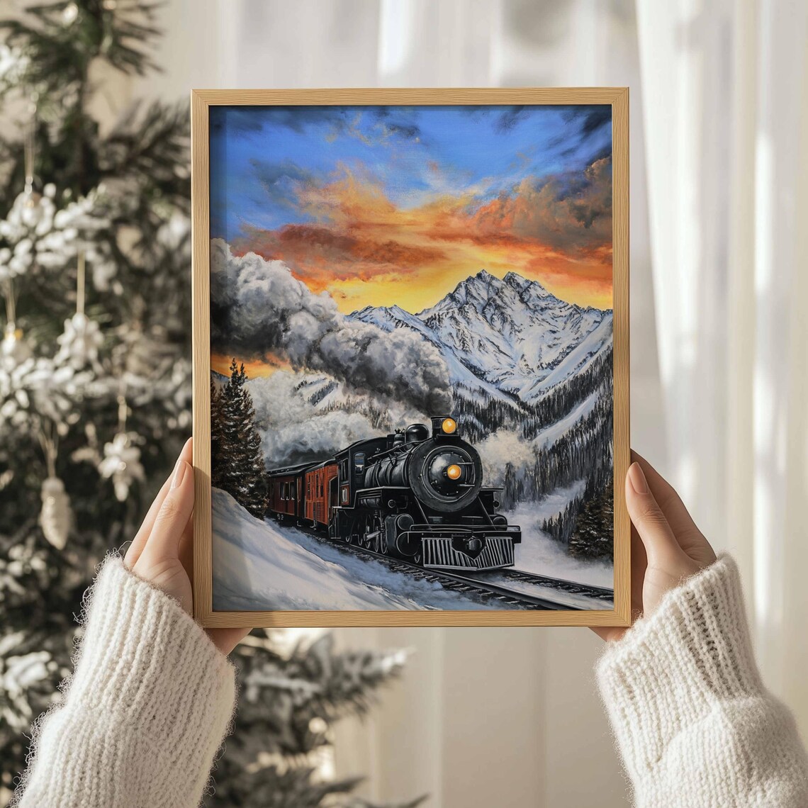 Steam Train Snowy Mountain Sunset Locomotive Winter Painting Art Print - Image 3