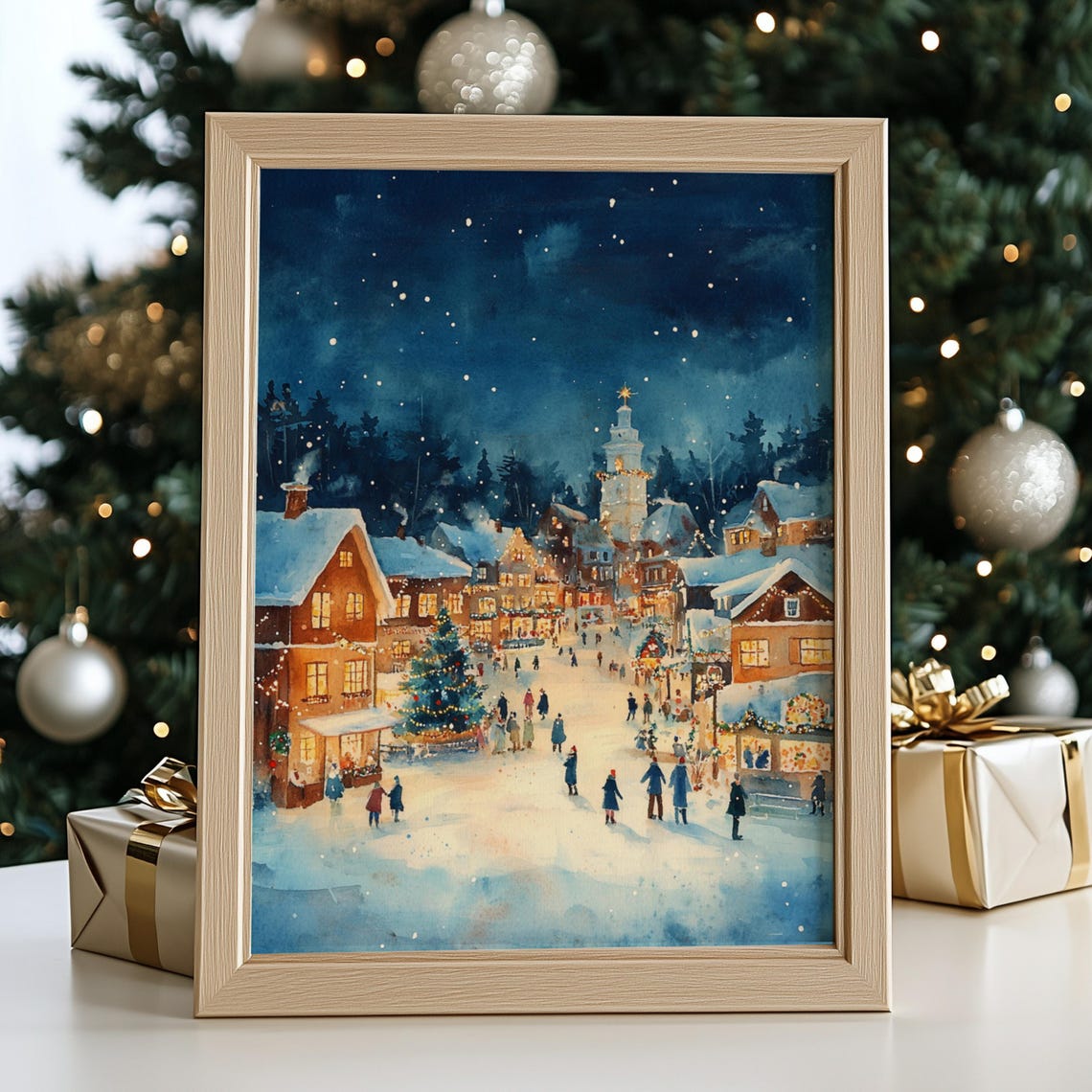 Christmas Houses Painting Pastel Christmas Village Wall Art Winter Town Cozy Christmas Home Decor Pink Christmas Art Print - Image 2