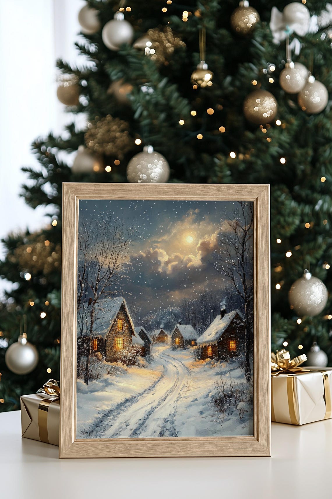 Vintage Christmas Wall Art Winter Village Landscape Painting Christmas Night Village Art Seasonal Christmas Decor Farmhouse Christmas - Image 2
