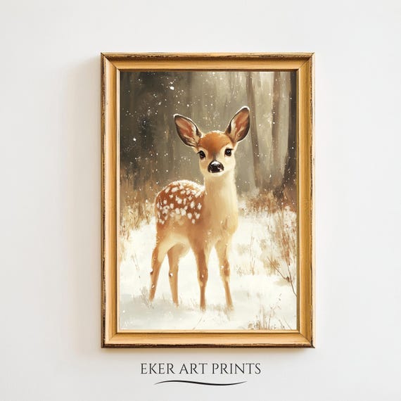 Sweet Winter Deer Print Winter Wall Art Vintage Winter Wall Art Christmas Prints Cute Deer Wall Art Forest Print Rustic Art