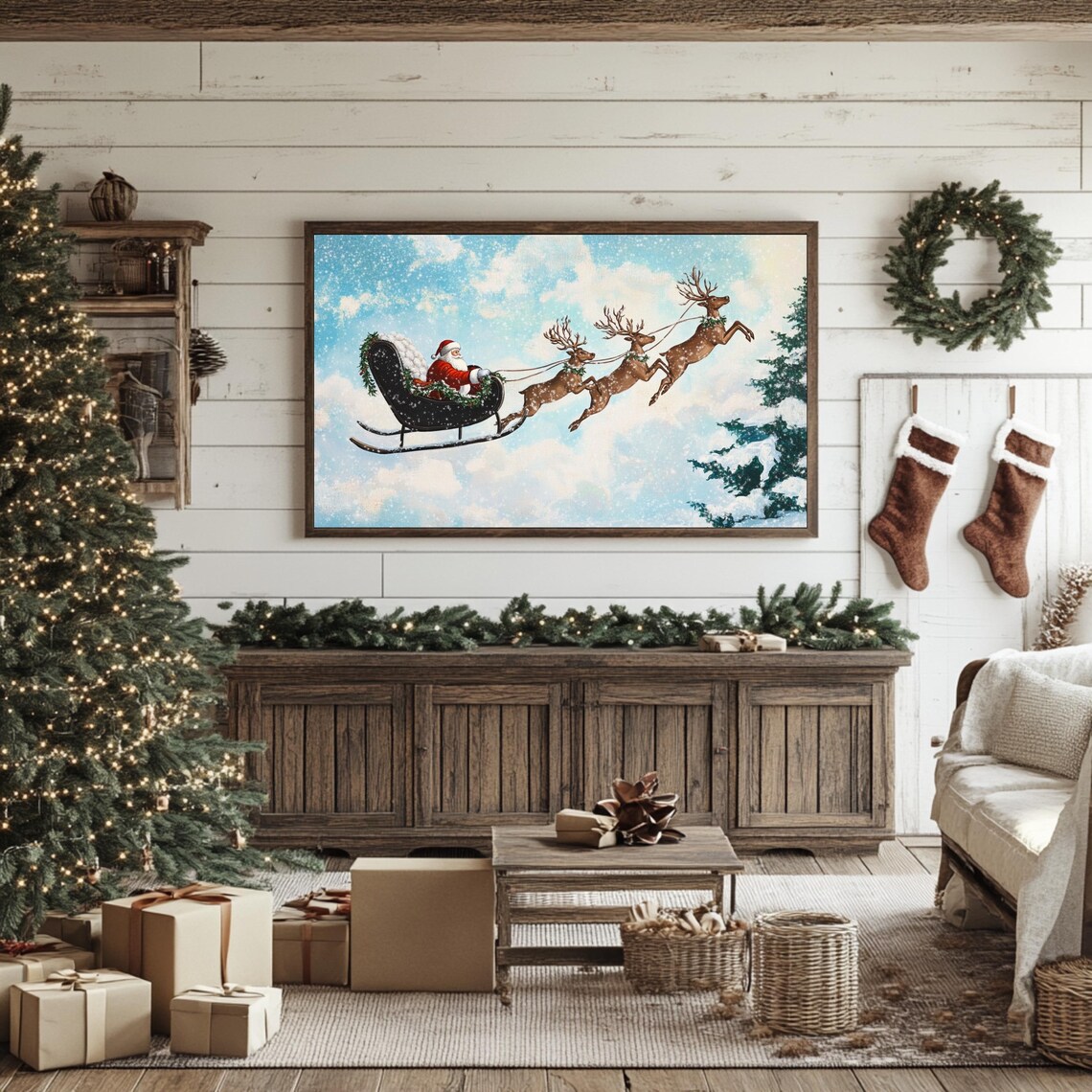 Santa Sleigh Flying Reindeer Snowy Sky Vintage Christmas TV Art Print - Image 3