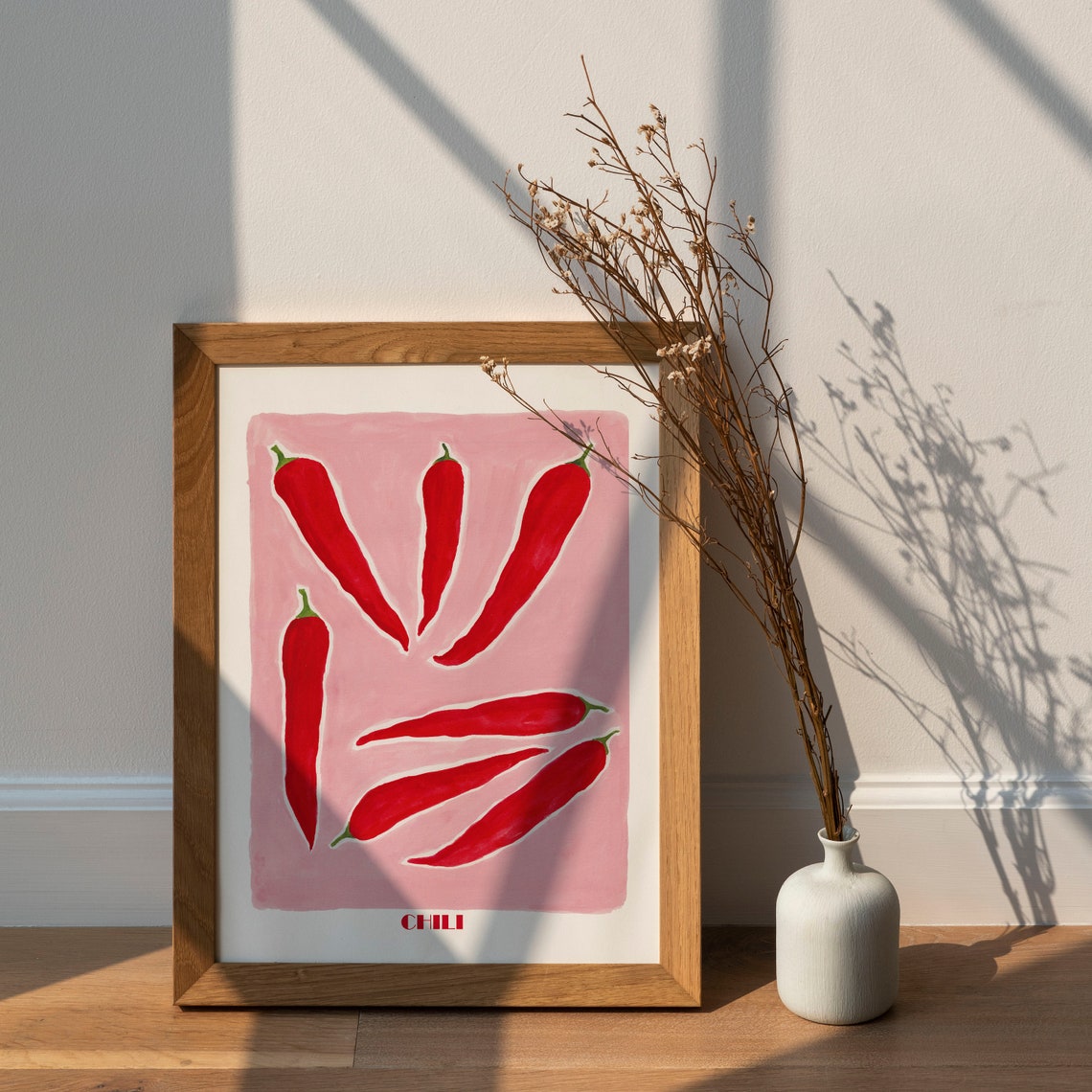 Red Chili Peppers Watercolor On Pink Background Bold Kitchen Wall Art - Image 3