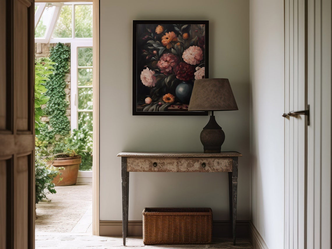 Moody Blush Peony Bouquet Dark Vase Vintage Floral Still Life Poster - Image 5