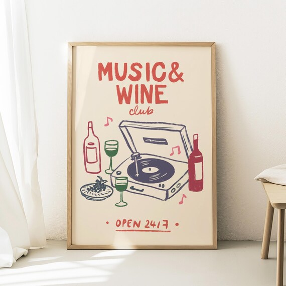 Music And Wine Club Open 24 7 Retro Record Player Bar Cart Poster