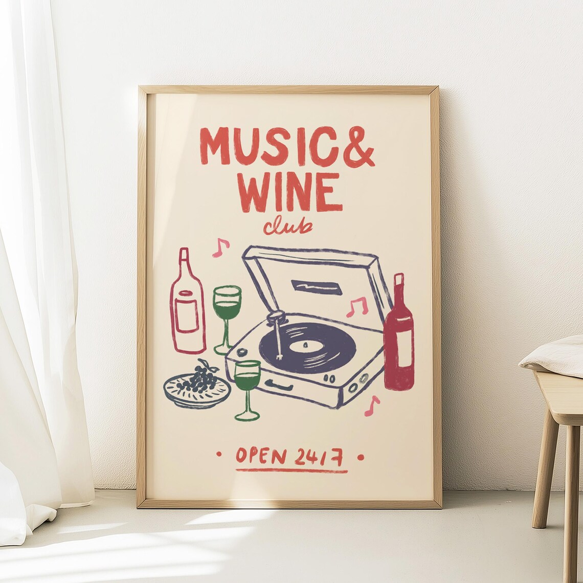 Music And Wine Club Open 24 7 Retro Record Player Bar Cart Poster