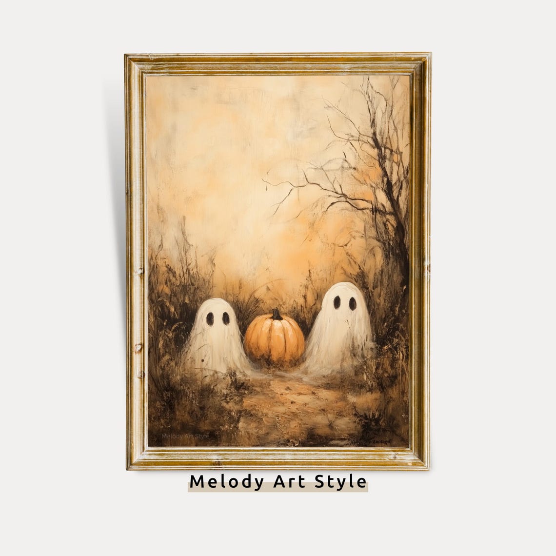 Cute Twin Ghosts With Pumpkin Vintage Halloween Spooky Sweet Poster