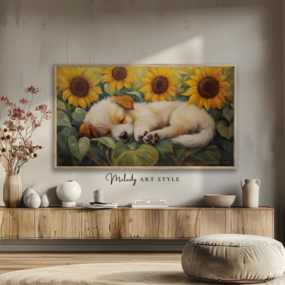Sleeping Golden Puppy Resting In Sunflower Field Pet Art Poster - Image 2