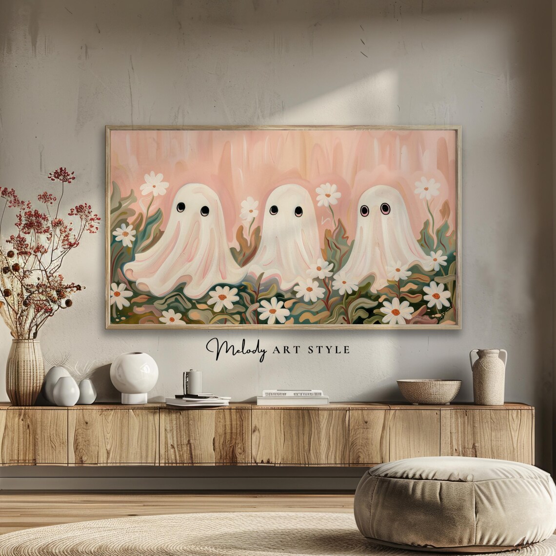 Cute Ghost Trio In Daisy Field Pink Halloween Floral Art Poster - Image 2