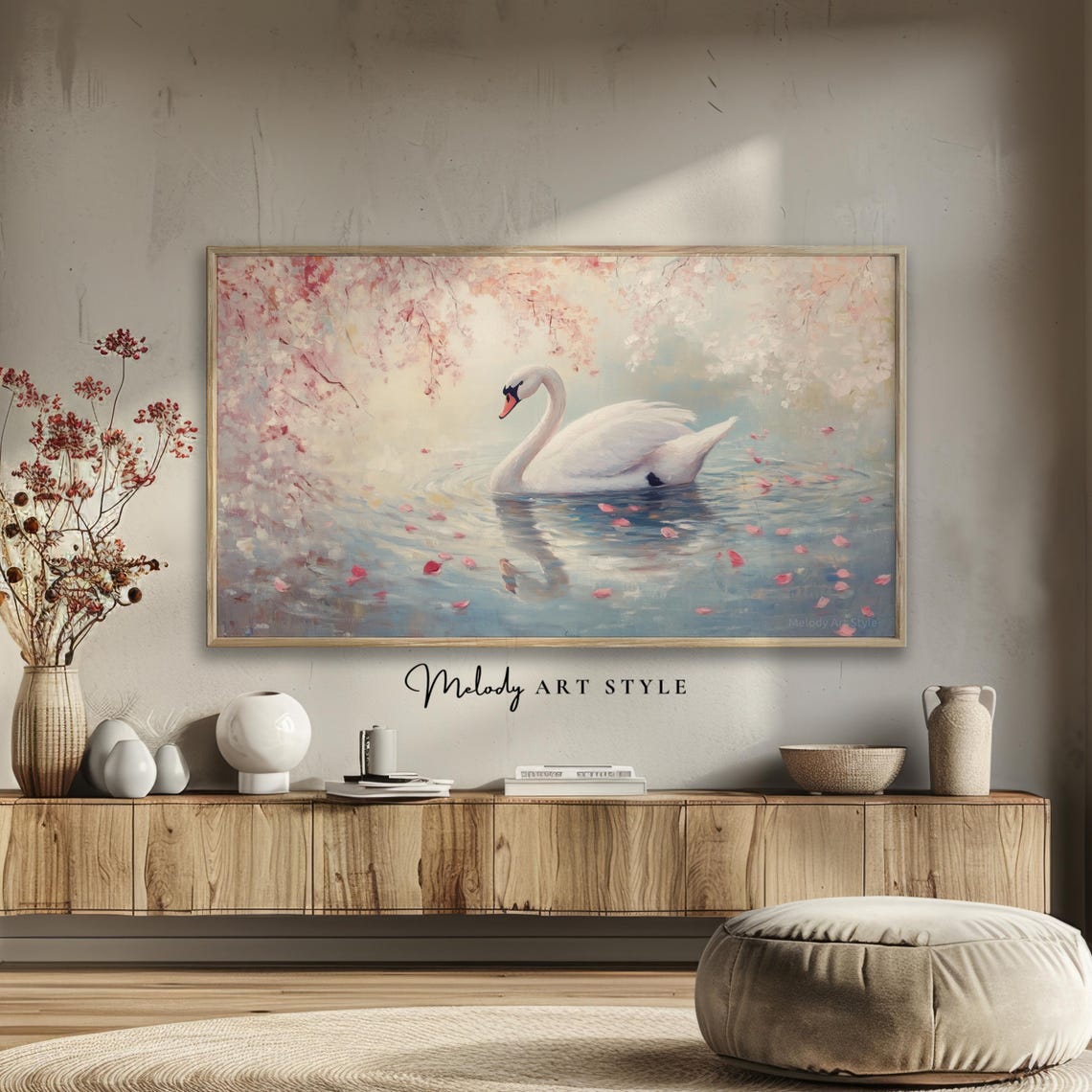 White Swan Gliding On Blossom Petal Lake Romantic Spring Art Poster - Image 2