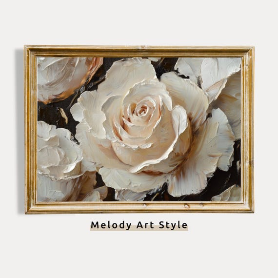 White Rose Painting Romantic Neutral Floral Wall Art Moody Flower Flowers Decor P352