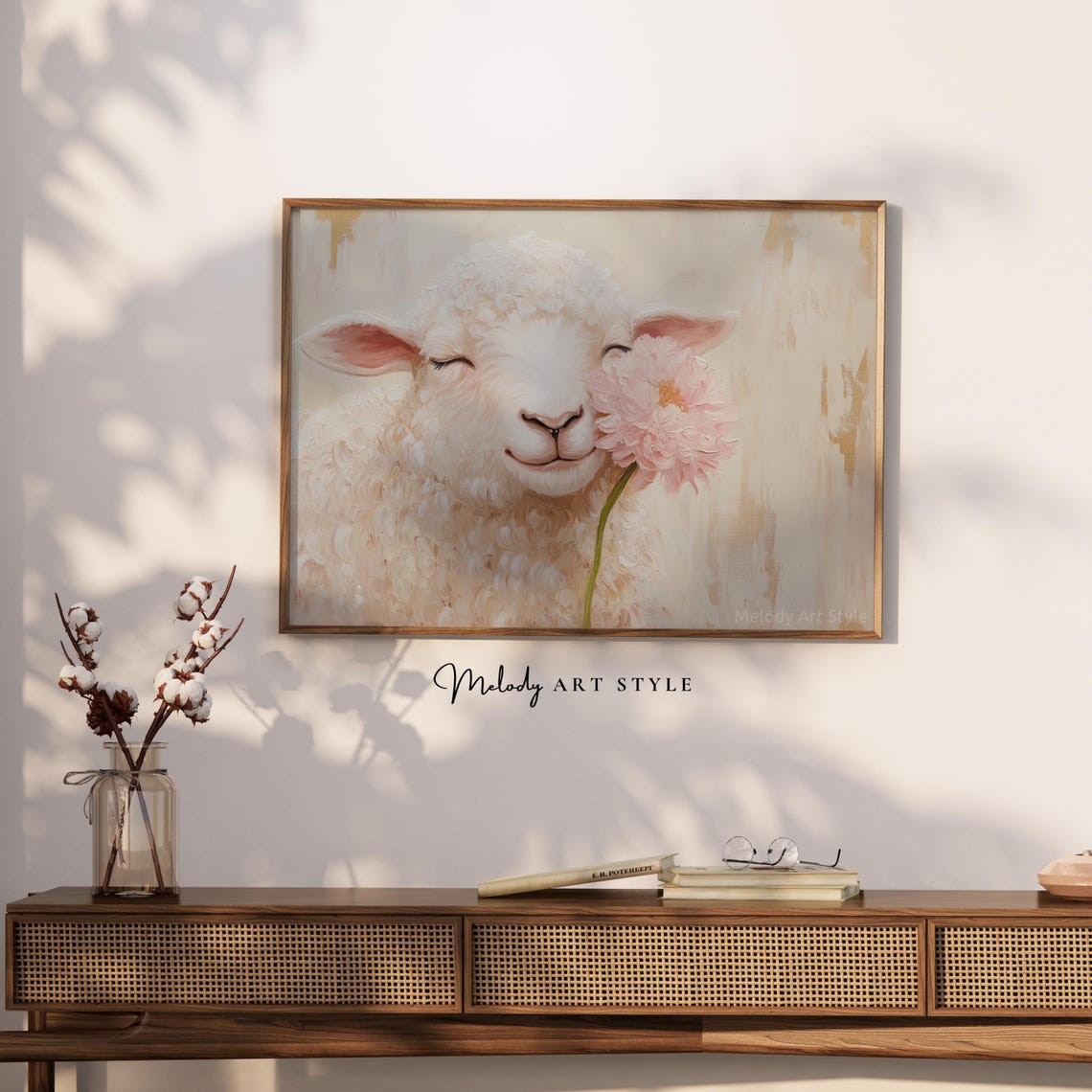 Sweet Smiling Lamb With Pink Flower Neutral Farmhouse Art Poster - Image 2