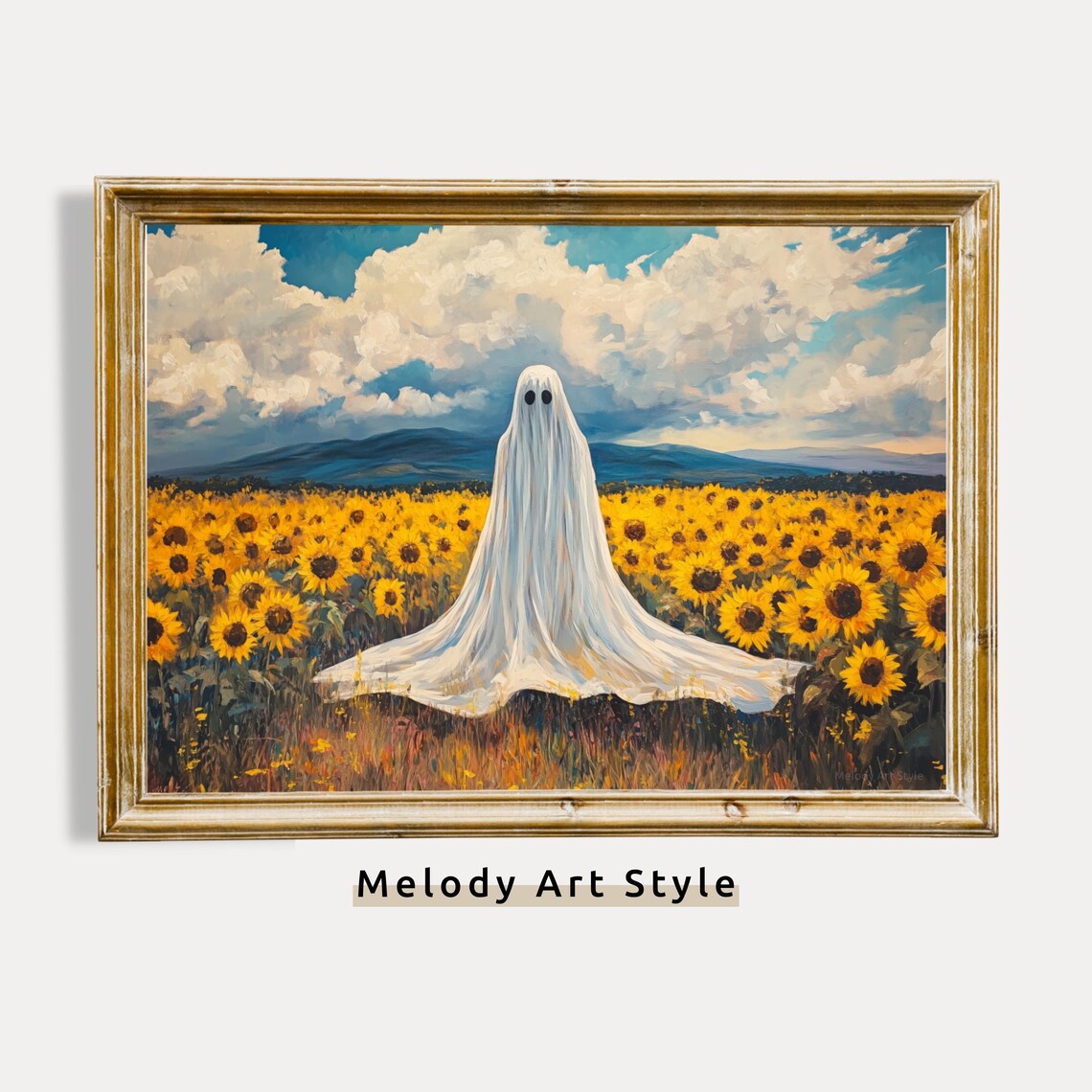 Ghost In Sunflower Field Spooky Surreal Halloween Art Poster