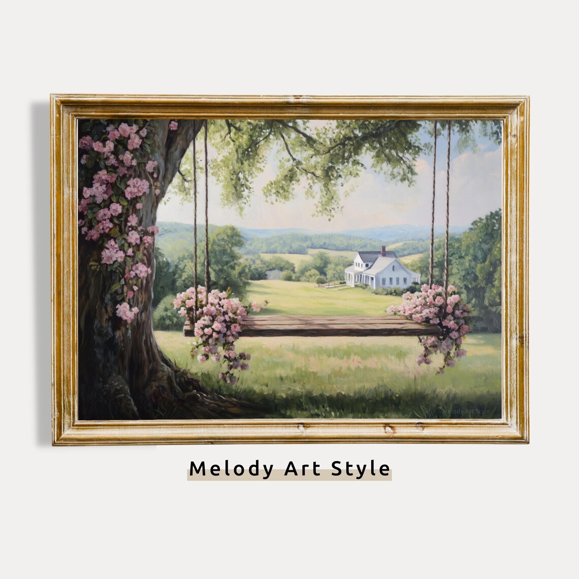Tree Swing With Pink Roses Overlooking Farmhouse Countryside Poster