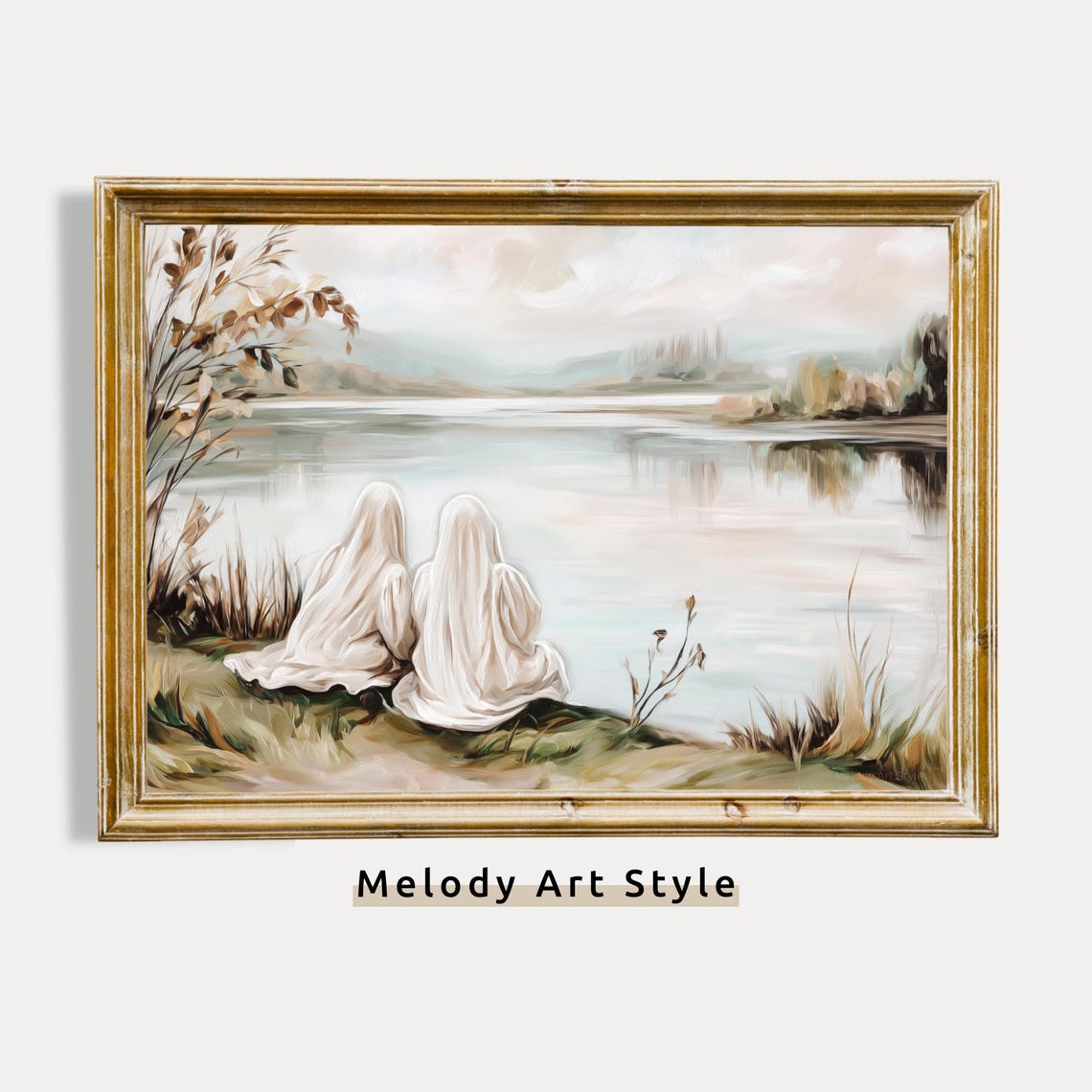 Two Cute Ghosts Sitting By A Calm Lake Peaceful Fall Halloween Poster