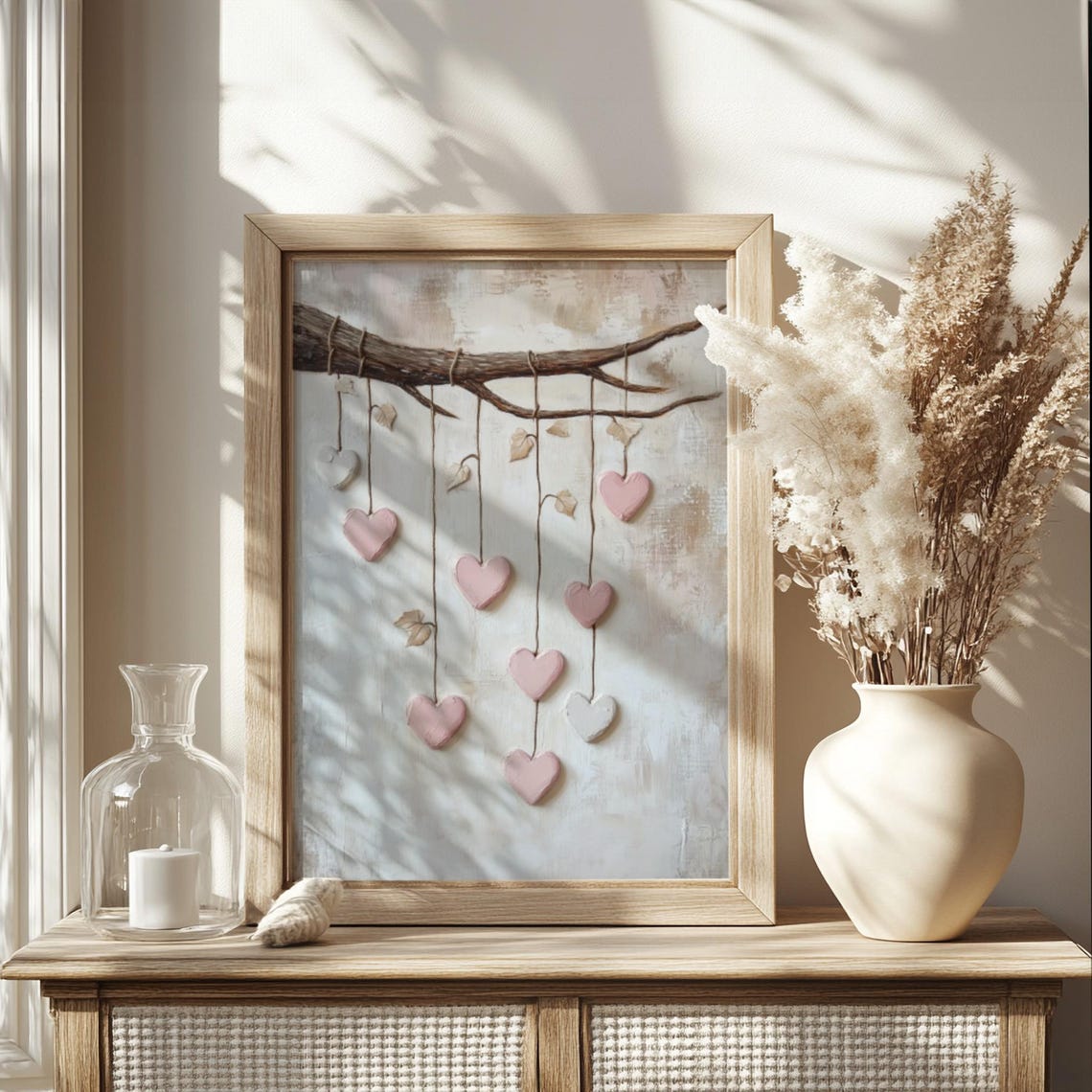 Pink Hearts Hanging From Tree Branch Rustic Valentine Love Art Poster - Image 2