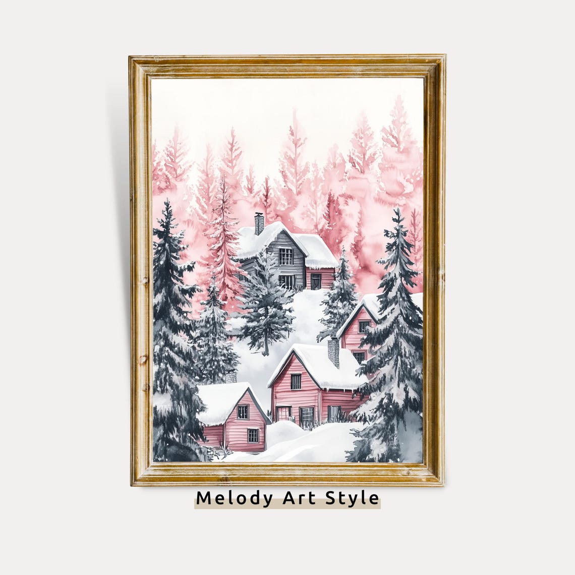 Pink Winter Cabins Snowy Hillside Forest Watercolor Holiday Poster