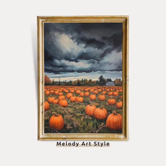 Stormy Pumpkin Field Wall Art Rustic Halloween Landscape Moody Autumn Country Home Decor P677