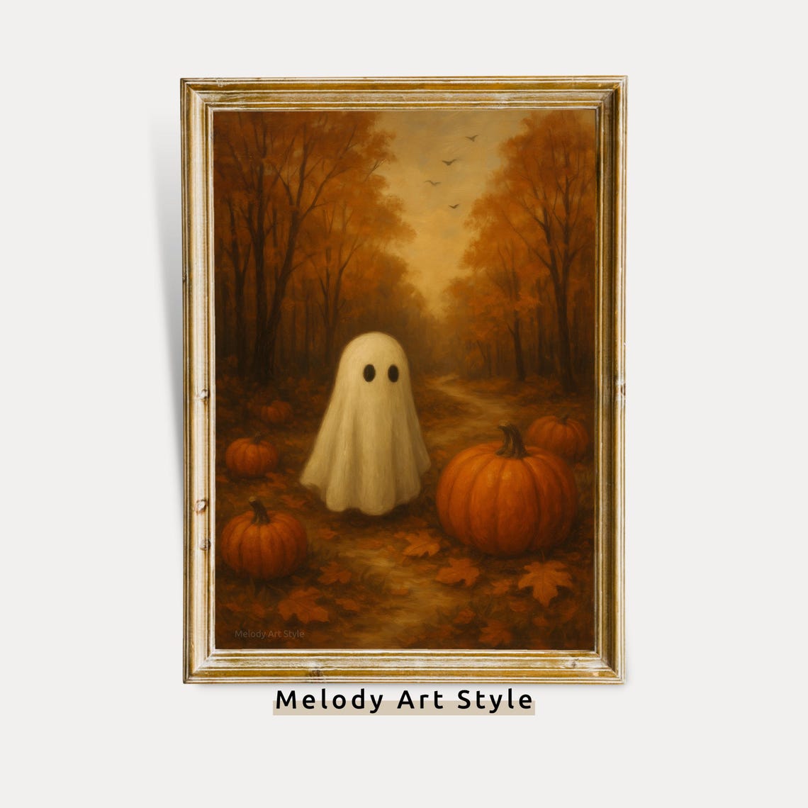 Cute Ghost Among Orange Pumpkins On Moody Autumn Forest Path Art Print