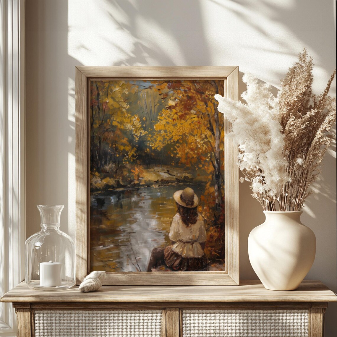 Autumn Riverside Woman Straw Hat Golden Fall Foliage Art Poster - Image 2