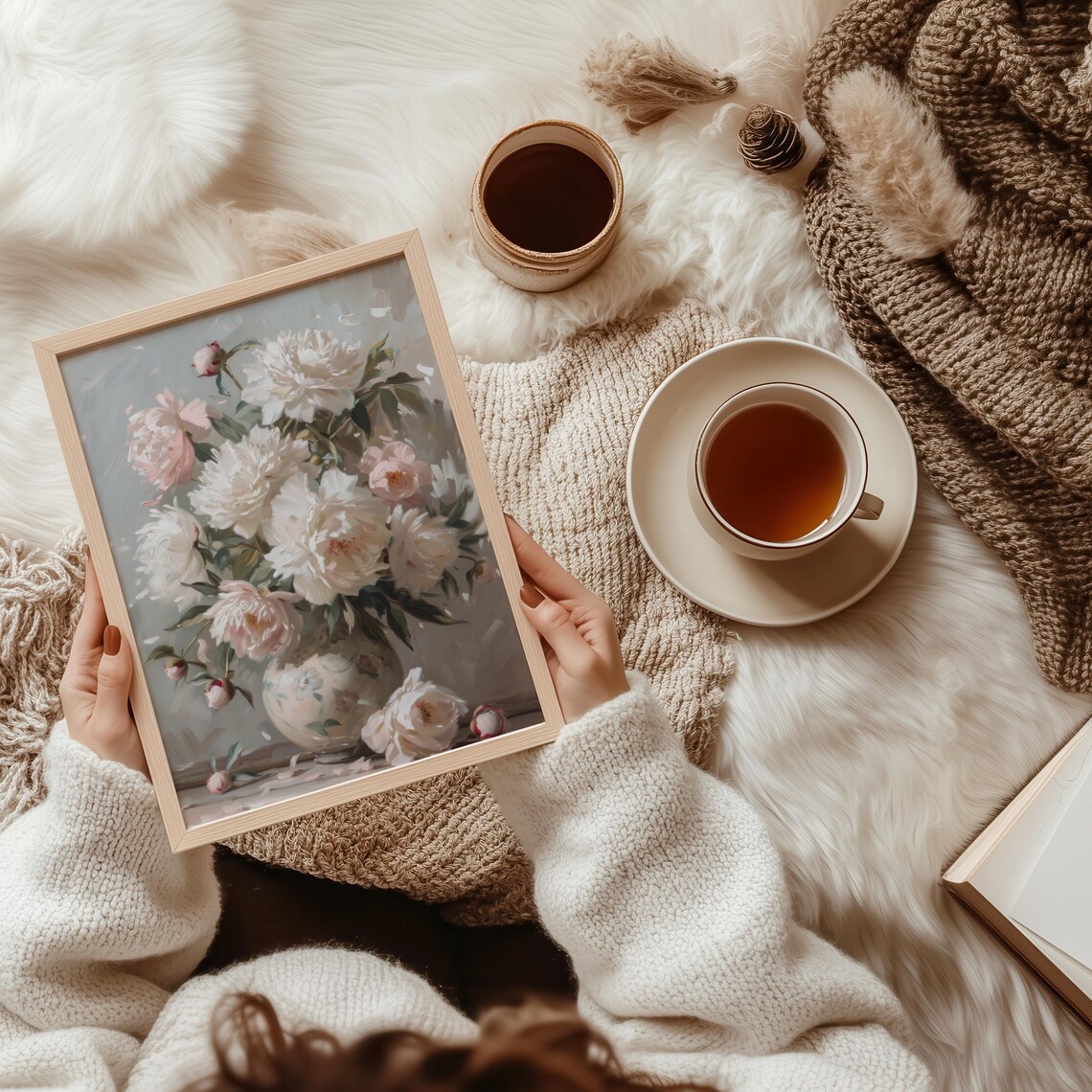 Blush White Peonies In Vintage Vase Classic Floral Still Life Poster - Image 2