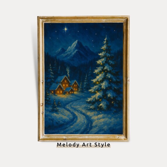 Starry Night Winter Cabin With Glowing Windows And Snowy Pines Poster