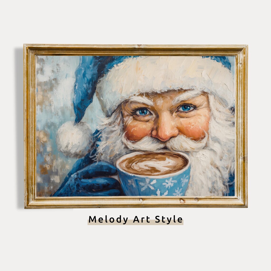 Santa Claus Sipping Hot Cocoa Blue Snowflake Mug Winter Art Poster