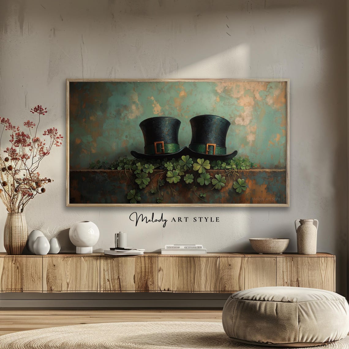 St Patricks Day Frame Tv Art 4k 8k Twin Leprechaun Hats And Shamrocks Painting Screensaver Desktop Wallpaper Rustic F168 - Image 2