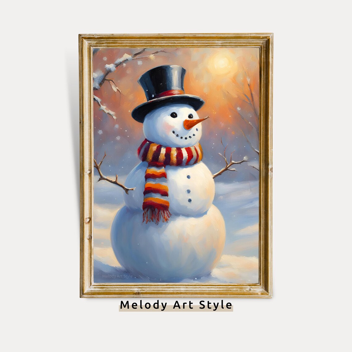 Snowman With Top Hat And Striped Scarf Winter Sunset Holiday Poster