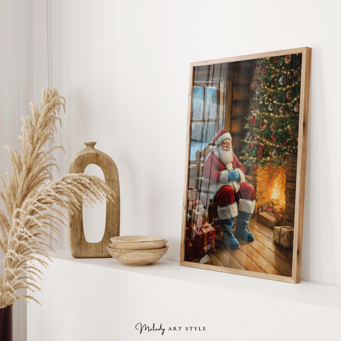 Santa Claus Resting By Warm Fireplace Log Cabin Christmas Poster - Image 2
