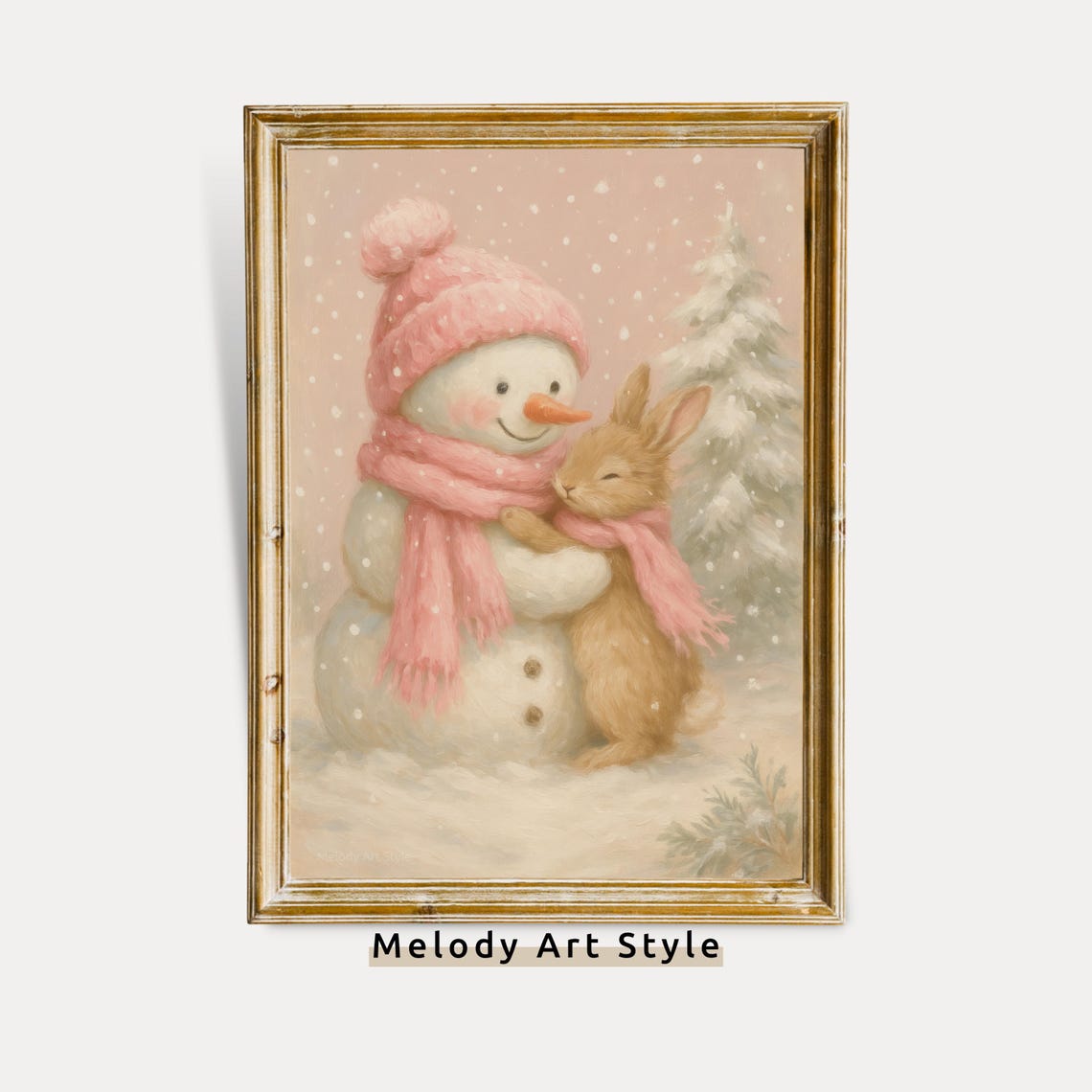 Cute Snowman Hugging Bunny Rabbit Pink Christmas Nursery Art Poster