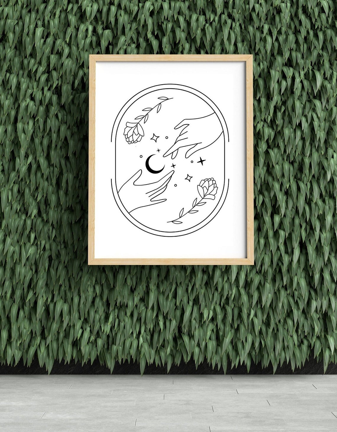 Minimalist Hands Reaching Moon Flowers Oval Frame Line Art Poster - Image 3