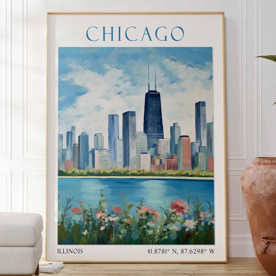 Chicago Skyline Lake Michigan Wildflowers Illinois Travel Poster