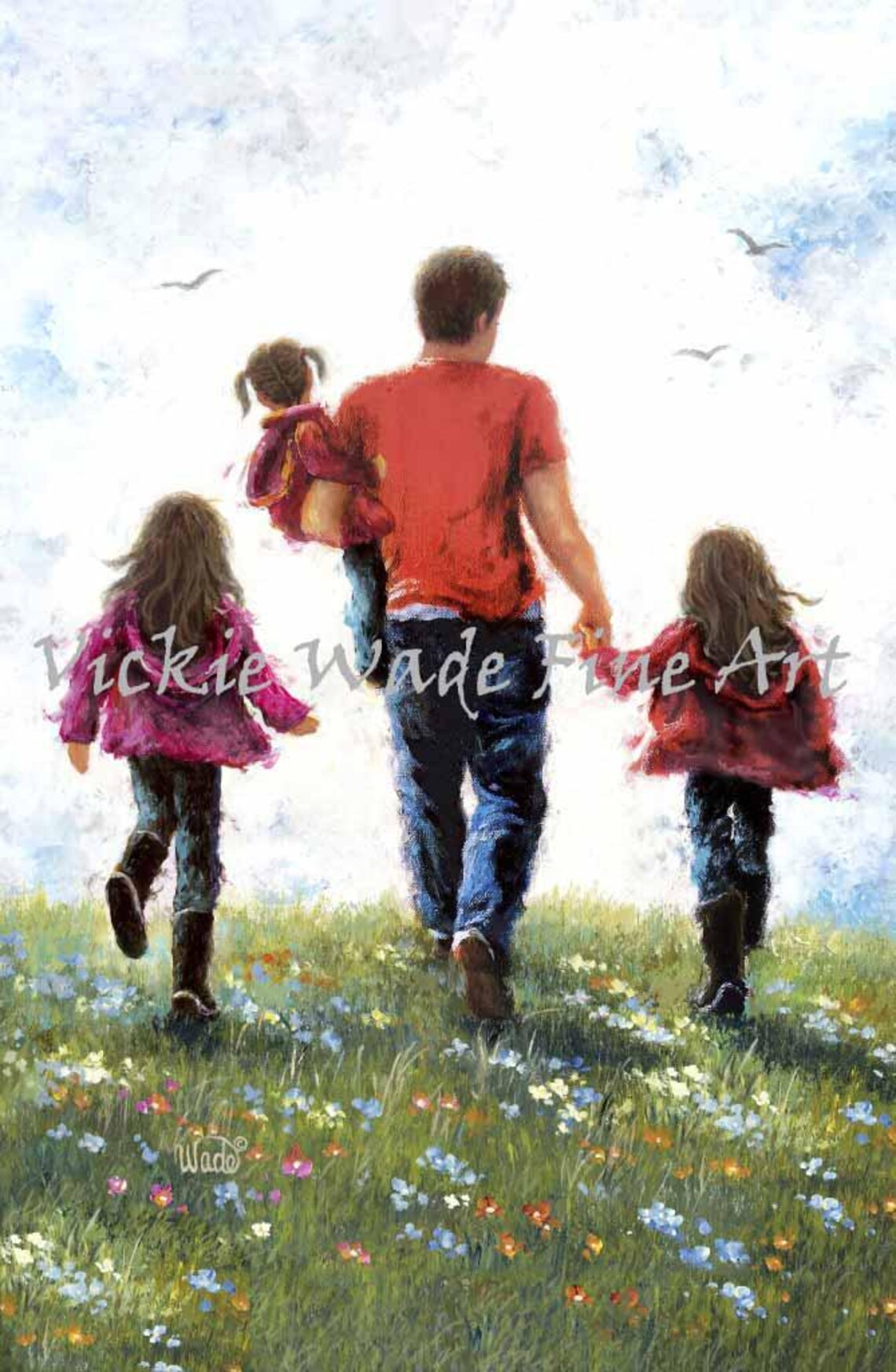 Father Walking With His Three Daughters in a Flower Meadow Poster