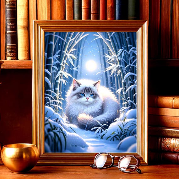 Fluffy Ragdoll Cat in a Snowy Bamboo Forest Full Moon Winter Poster