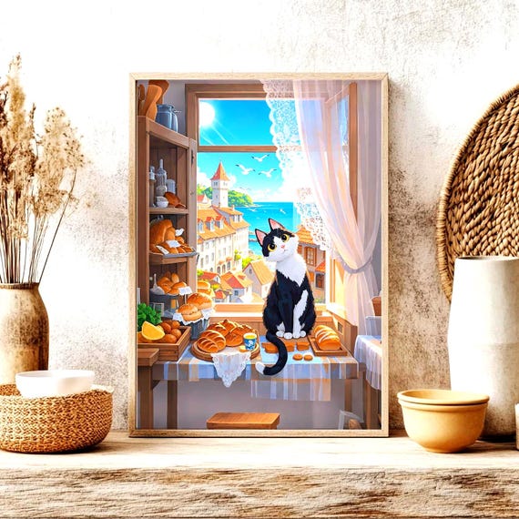 Tuxedo Cat at a Seaside Bakery Overlooking a Sunny Coastal Town Poster